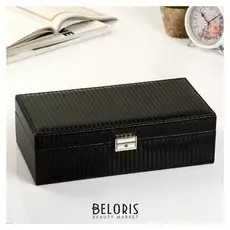 Шкатулка кожзам под часы 2 отделения и бижутерию "Полосы" чёрная лак 9х30х15,5 см