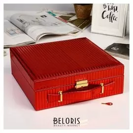 Шкатулка кожзам под часы 3 отделения и бижутерию "Полосы" красная лак 9х26х26 см