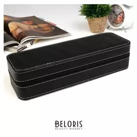 Шкатулка кожзам под часы 6 отделений "Чёрная с белой строчкой" на молнии 7,5х11х33 см