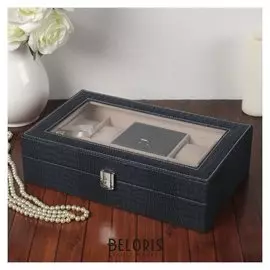 Шкатулка кожзам под часы 8 отделений и бижутерию "Рептилия индиго" матовая 9,5х33х20 см