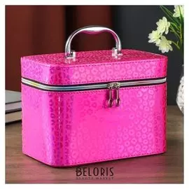 Шкатулка кожзам с зеркалом "Пятна дикой кошки, голография розовая" 17х15х23 см