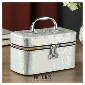 Шкатулка кожзам с зеркалом "Трещинки голография, серебро" 10,5х10,5х19 см