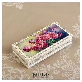 Шкатулка - купюрница «Розы», белая, 8,5×17 см, лаковая миниатюра