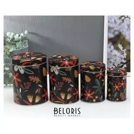 Шкатулка металл цилиндр "Листья на чёрном" набор 4 шт 9,5х6; 11х7,5; 12,5х9; 14х10,5х10,5 см 53524