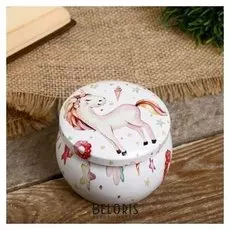 Шкатулка металл круг "Единорог и сладости" выпуклый рисунок 4,8х6,7х6,7 см