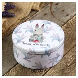 Шкатулка металл круглая "Зайчик с пасхальными яичками" 7,7х17х17 см