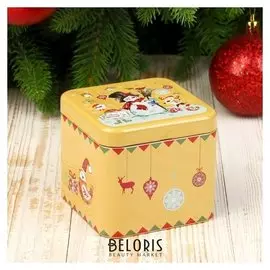 Шкатулка металл новогодняя квадрат "Снеговик на льду" 6,7х7,5х7,5 см