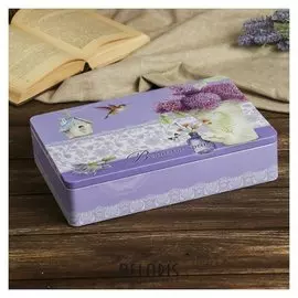 Шкатулка металл прямоугольник "Лаванда и гортензия" 7х30х20 см