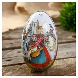 Шкатулка металл яйцо "Зайка с корзинкой крашенных яиц" 11х6,5х7 см