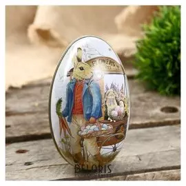 Шкатулка металл яйцо "Заяц с корзиной крашенных яиц" 11х6,5х7 см