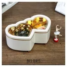 Шкатулка музыкальная пластик механическая "Двойное сердце белое" 6х16х10 см