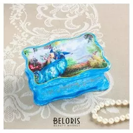 Шкатулка «Павлины у водопада», голубая, 8×11,5 см, лаковая миниатюра