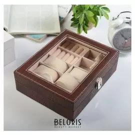 Шкатулка под часы и бижутерию 6 отделений "Кофейный питон" коричневая матовая