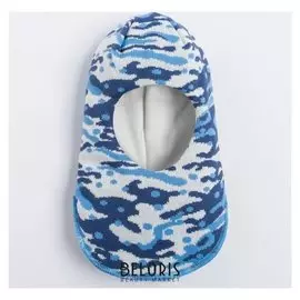 Шлем-капор зимний для мальчика, цвет голубой/бежевый, размер 50-52