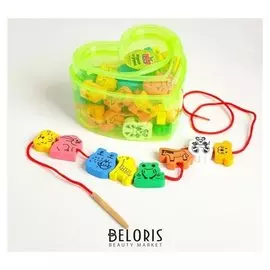 Шнуровка в банке 60 деталей "Животные", 2 иглы дерев, 2 шнурка, бусины: 3 × 2 см, 3 × 3 см