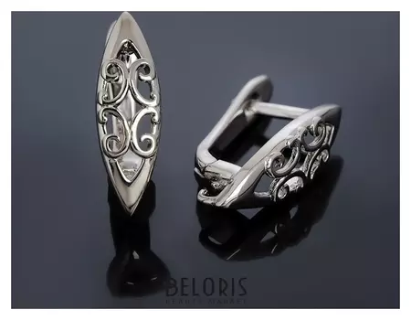 Швензы родированные "Эллипс" с орнаментом, цвет серебро