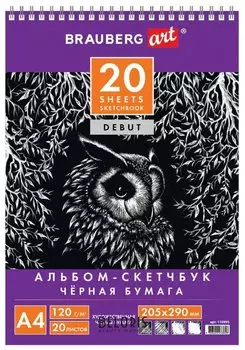 Скетчбук, черная бумага 120 г/м2, 205х290 мм, 20 л., гребень, жёсткая подложка, BRAUBERG ART "DEBUT"