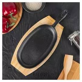 Сковорода 38,5х18 см "Овал" с ручкой, на деревянной подставке