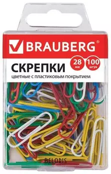 Скрепки Brauberg, 28 мм, цветные, 100 шт., в пластиковой коробке