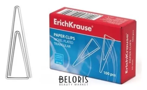Скрепки канцелярские 25 мм, никель, 100 штук, Erich Krause, треугольные