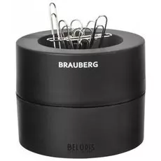 Скрепочница магнитная Brauberg с 30 скрепками, большой бочонок, черная
