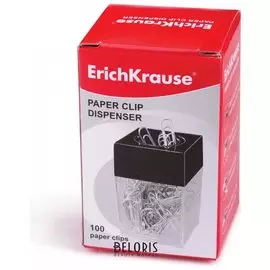 Скрепочница магнитная Erich Krause со 100 скрепками, прозрачный корпус