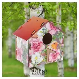 Скворечник деревянный "Птичка играет в прятки", с цветным рисунком, 19.5×13×19 см