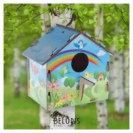 Скворечник деревянный "Радуга и птички", с цветным рисунком, 19.5×13×19 см