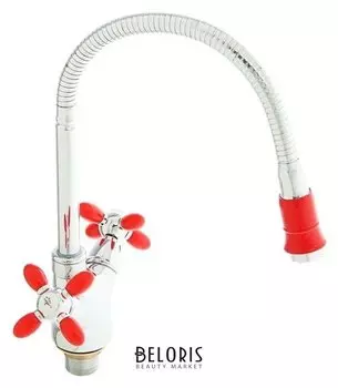 Смеситель для кухни Accoona A4882n, двухрычажный, с гибким изливом, красный/хром