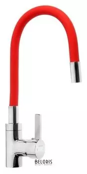 Смеситель для кухни Mira 5098-1, однорычажный, картридж 35 мм, гибкий излив, хром/красный