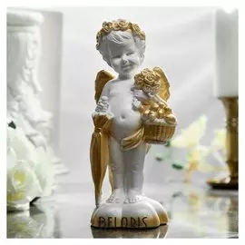 Статуэтка "Ангел с зонтиком", белый цвет, с золотистым декором, 23 см