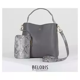 Сумка женская, отдел на молнии, 2 наружных кармана, длинный ремень, с кошельком, цвет серый