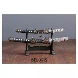 Сув. изделие катаны-мини 2в1 на подставке, ножны черные с белыми ромбами 16/20см