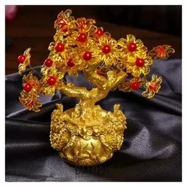 Сувенир бонсай "Цветочное денежное дерево в мешке со львами" 35 цветов 18х18х7,5 см