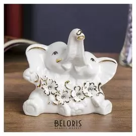 Сувенир "Два белых слоника с охапкой цветов" стразы 11х10,5х6 см