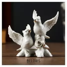 Сувенир керамика "2 королька на ветке с розой" белый с золотом, страза 8х10х6 см