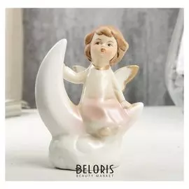 Сувенир керамика "Ангел-малыш в перламутро-розовом платье на месяце" 9х4,6х7 см