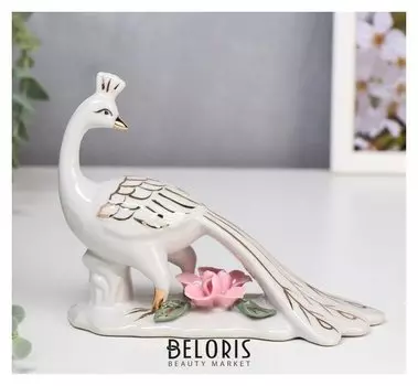 Сувенир керамика "Белый павлин с розовым цветком" 12,5х15,5х7 см