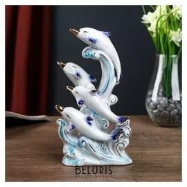 Сувенир керамика "Четыре дельфина по волнам" белые с голубым 19,5х14х8,5 см