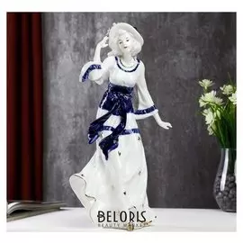 Сувенир керамика "Дама в шляпке в платье с бантом" кобальт 35х14х18,5 см