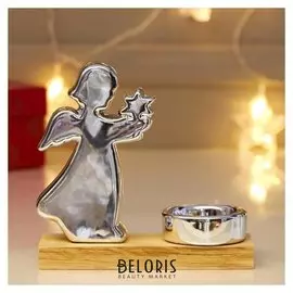 Сувенир керамика, дерево подсвечник "Ангел со звездой" серебро 13х4,2х13,5 см