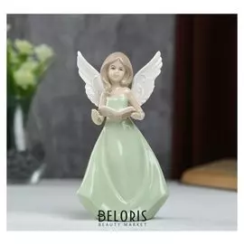 Сувенир керамика "Девушка-ангел с рисунком на крыльях в зелёном платье с книгой" 16х6х9 см