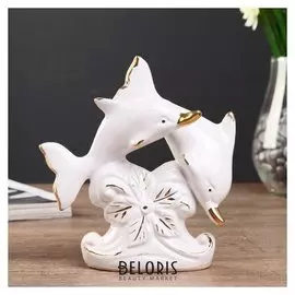 Сувенир керамика "Два дельфина с цветком" белый с золотом 14х13,2х5 см