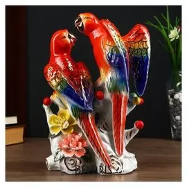 Сувенир керамика "Два попугая Ара на ветке с цветами" 29,5х10,8х20,7 см