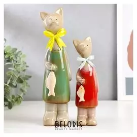Сувенир керамика "Две кошечки с рыбкой" набор 2 шт 24,5х6х5, 19х5х4,5 см