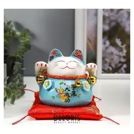 Сувенир керамика копилка "Голубой кот манэки-нэко с колокольчиками" 11,5х11,5х9,5 см