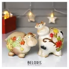 Сувенир керамика "Коровка и телёнок в цветах" набор 2 шт 11,3х9,5х5 8х12,5х5 см