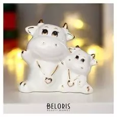 Сувенир керамика "Коровка с телёнком" белая с золотом 7,9х4,8х9 см