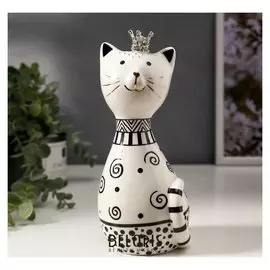 Сувенир керамика "Кошечка в короне, с узорами" бело-чёрный с золотом 20,5х8,7х9,2 см