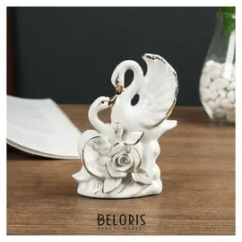 Сувенир керамика "Лебеди с цветком розы" страза белый 13х9,5х5,3 см